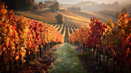 Rolling hills showcase a vineyard with grapevines displaying vibrant autumn foliage during morning light
