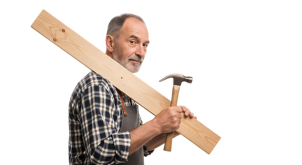 Carpenter carrying wooden plank and hammer isolated on transparent background
