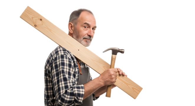 Carpenter carrying wooden plank and hammer isolated on transparent background