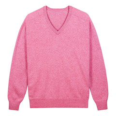 Fototapeta premium Light Pink cashmere V-neck sweater with long sleeves, soft texture, and ribbed cuffs. Elegant, warm knitwear isolated on white background, perfect for fashion, retail, or winter apparel design use