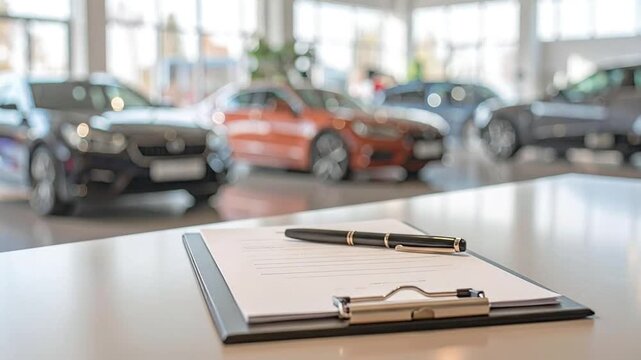 Close-up of a contract and pen on a table in a modern car dealership showroom, symbolizing the finalization of a vehicle purchase or lease agreement, with blurred cars in the background