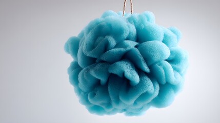 Bright blue mesh bath pouf hangs against a soft, light gray background