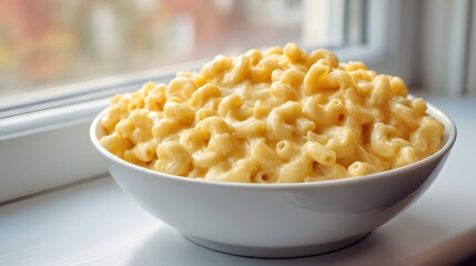 Creamy macaroni pasta dish sits inside a white bowl near a window ledge