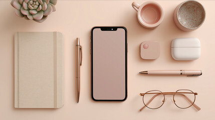 Stylish Flat Lay of Modern Workspace Essentials on a Beige Table