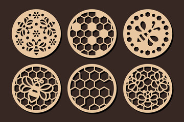 Set of laser cut circle shape coaster templates with bee and honeycomb ornament. Cnc cutting with metal, wood, paper, glass, leather, engraving. Round decorative panel design