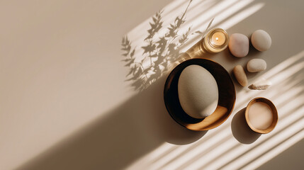 Tranquil Self-care Setup with Stones, Candle, and Botanical Shadows