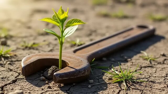 Plant Growing Through Wrench Symbolizing Growth and Resilience in Nature.