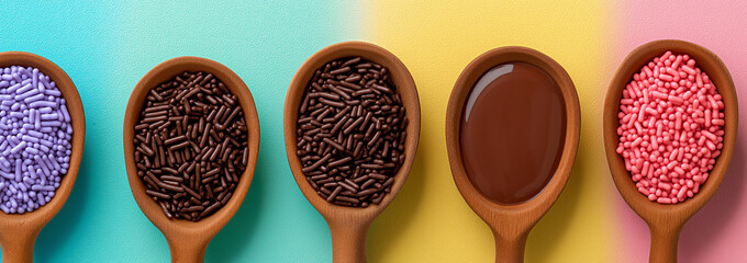 Assortment of Sweet Sprinkles and Melted Chocolate in Wooden Spoons