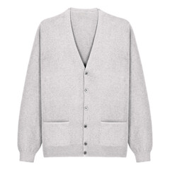 Fototapeta premium Elegant white cashmere V-neck cardigan with buttons and front pockets, isolated on white background. Soft, warm knitwear ideal for fashion catalogs, winter clothing, or online retail use