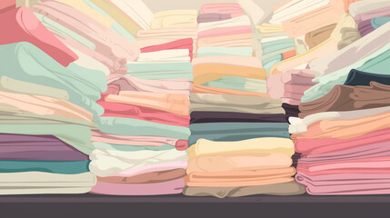 Stacks of folded clothes in pastel colors, creating a cozy and organized atmosphere with a soft and inviting aesthetic isolated on white background