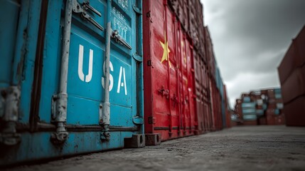 Shipping containers bearing national identifiers stand side by side in a logistics yard under a cloudy sky