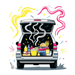 Illustration of a car trunk filled with food and drinks, ready for a picnic or tailgate party isolated on white background