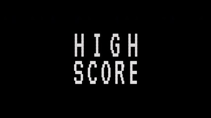 A pixelated HIGH SCORE text flashes, evoking a classic retro arcade game aesthetic. 4K video text animation for vintage arcade game - Powered by Adobe