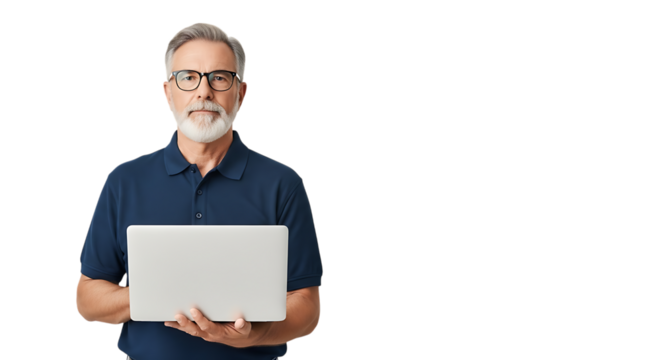 Mature man holding laptop isolated on transparent background