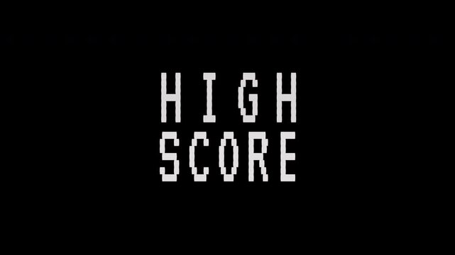 A pixelated HIGH SCORE text flashes, evoking a classic retro arcade game aesthetic. 4K video text animation for vintage arcade game - Powered by Adobe
