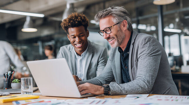 A professional sales manager guiding a young employee in a modern open office with laptops and charts on the desk fostering teamwork and motivation