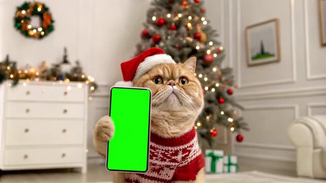 Funny Christmas cat reaching out paw showing smartphone. Cute festive cat in Santa hat holding phone with green screen. Holiday cat presenting phone display to camera. Funny Christmas cat showing smar