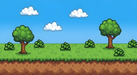 Pixel art landscape with trees bushes clouds and blue sky isolated on white background