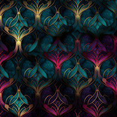 An intricate art nouveau pattern with flowing floral designs in teal, purple, and gold, creating a sense of organic beauty, movement, and timeless sophistication