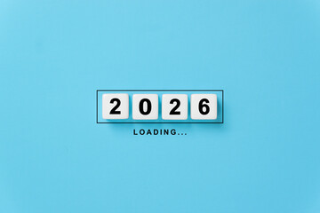 2026 New Year Loading. Loading bar dice 2026 on blue background. Start new year 2026 with goal plan, goal concept, action plan, strategy, new year business vision