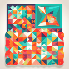 Vibrant geometric abstraction isolated on white background, featuring a dynamic interplay of triangles and squares in a kaleidoscope of colors, creating a modern aesthetic