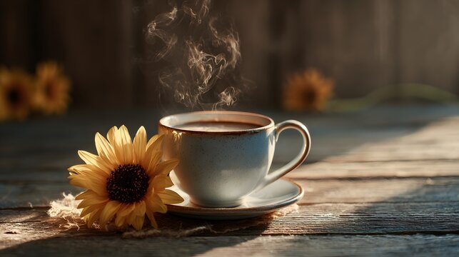 Steaming hot beverage rests beside bright yellow bloom on weathered wooden surface - Powered by Adobe