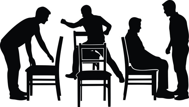 Teamwork activity silhouettes chairs people collaboration concept group diversity unity fun energetic poses vector
