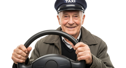 Senior taxi driver isolated on transparent background smiles while holding steering wheel
