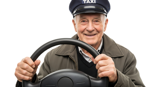 Senior taxi driver isolated on transparent background smiles while holding steering wheel