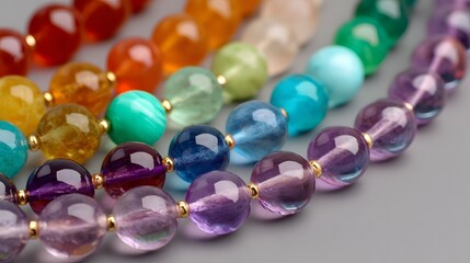 Multiple strands of colorful gemstone beads are aligned diagonally across a neutral surface