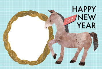 馬とフォトフレームの2026年午年の年賀状テンプレート