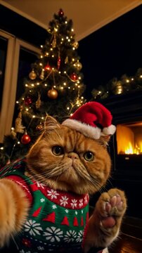 Cute Christmas cat waving paw near fireplace. Funny festive cat in Santa hat greeting with paw. Christmas cat in sweater making gentle paw gesture. 