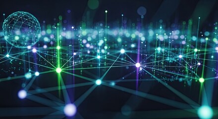 Dynamic digital network visualization with glowing nodes and connections, perfect for technology, data, and global communication themes