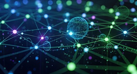 Dynamic digital network of glowing nodes and connections symbolizing data flow, innovation, and global connectivity in a futuristic abstract design