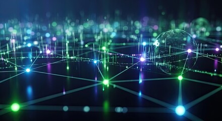 Dynamic global network visualization with glowing nodes and connections, representing data flow and digital connectivity in a futuristic abstract design