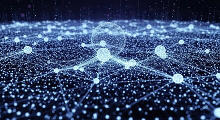 Dynamic digital network of glowing nodes and interconnected lines represents global data flow and futuristic technology connections in abstract cyberspace