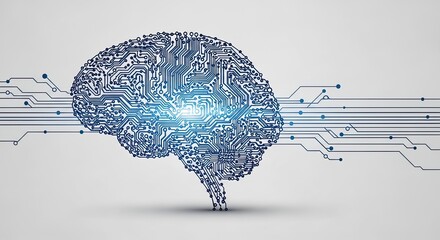Futuristic digital brain circuit board pulses with glowing blue energy, symbolizing artificial intelligence and advanced technology connections