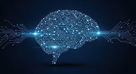 Stunning digital brain circuit board design representing artificial intelligence, innovation, and advanced technology glowing with vibrant blue light against a dark background