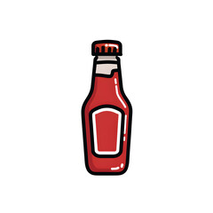 A cartoon style illustration of a red ketchup bottle with a white label and a red cap on a white background