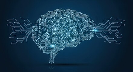 Stunning digital brain formed by intricate circuit board pathways and glowing blue lights symbolizing artificial intelligence and advanced technology