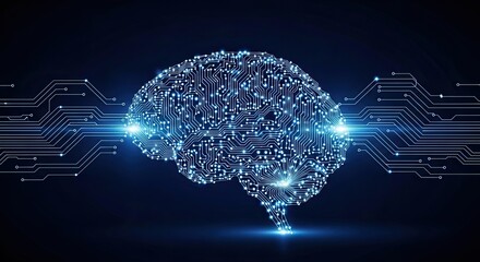 Futuristic digital brain illuminated with glowing blue circuits symbolizes artificial intelligence and advanced technology, perfect for innovation concepts.