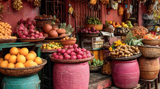 Abundant tropical fruits are displayed for sale at a colorful open air market stall - Powered by Adobe