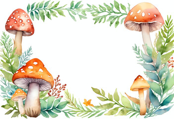 This artwork features various mushrooms illustrated in watercolor, surrounded by green foliage, perfect for Halloween-themed decor or invitations Generative AI
