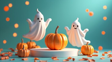 Whimsical Halloween scene featuring two playful ghost figures and several cheerful orange pumpkins on a teal background with festive lights.