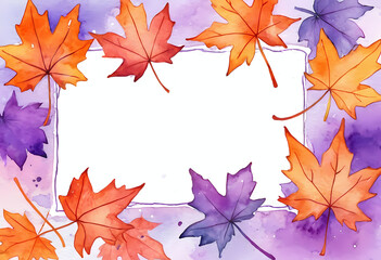 Bright orange and purple maple leaves create a festive border against a white background, ideal for Halloween cards or autumn decorations Generative AI