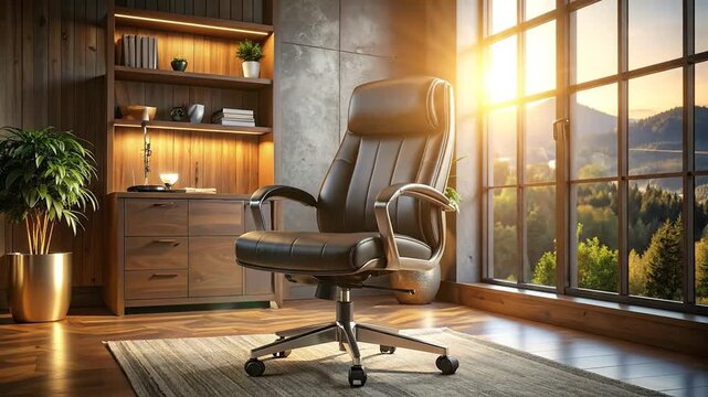 Comfortable Executive Leather Office Chair in a Modern Home Workspace with Scenic Mountain View and Golden Hour Sunlight, Embodying a Concept of Productive Tranquility