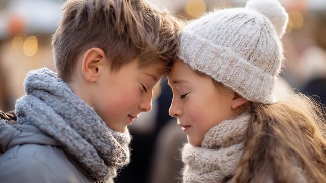 close-up of smiling boy and girl touching foreheads affectionately
