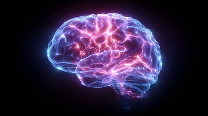 Glowing anatomical human brain model displays active neural pathways against a dark background