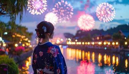 fireworks and woman wearing a yukata