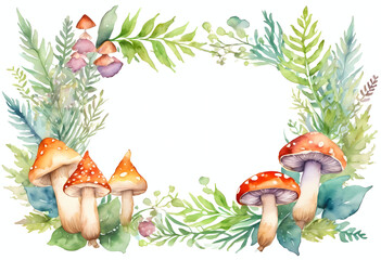 Brightly colored mushrooms sit nestled among green leaves and ferns, forming a festive Halloween scene on a clean watercolor backdrop. The artwork is filled with autumn charm Generative AI